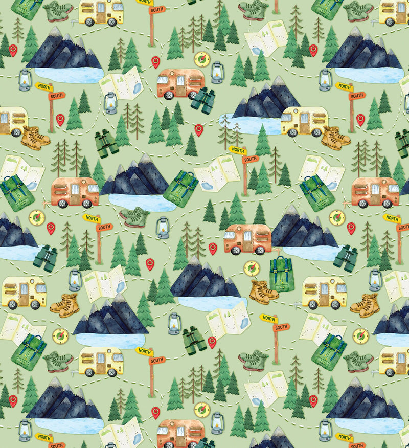 Camping Adventure Green - Priced by the Half Yard - Live, Love, Camp by Nicole Decamp for Benartex - 14454-44